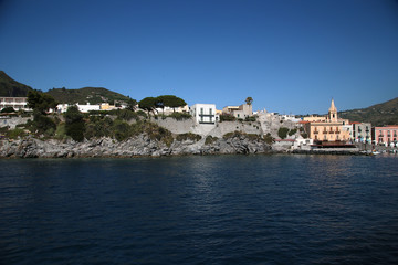 Aeolian (Lipari) archipelago, Italy. The city of Lipari: a picturesque view of the port and fortifications from the sea
