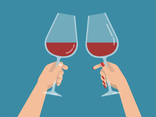 Men's and women's hands are clincking by wine glasses with a red wine. Friends meeting, romantic date concept. Isolated vector illustration flat design.