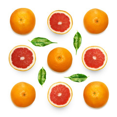 Fruit composition with fresh delicious grapefruit isolated on white background. Creative minimalistic food concept. Top view.