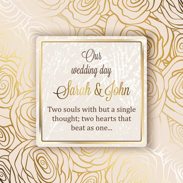 Intricate baroque luxury wedding invitation card, rich gold floral decor on beige background with frame and place for text, lacy foliage with shiny gradient.