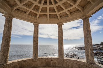 Architecture structure, pavilion, templete, parapet walk, cami de ronda, by the mediterranean sea in Costa Brava, S Agaro, Catalonia, Spain.