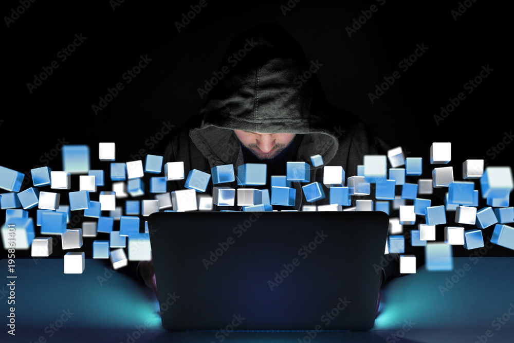 Poster hacker man in the dark using computer to hack data and information system