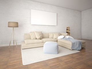 Mock up a bright living room with a beige corner sofa and a light hipster background.