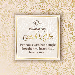 3308656 Intricate baroque luxury wedding invitation card, rich gold decor on beige background with frame and place for text, lacy foliage with shiny gradient.
