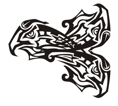 Three eagle heads in the fish form. Tribal unusual fantastic symbol of the three-headed eagle forming fish. Black on white