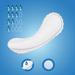 Advertising sanitary napkin, icons, drops on a blue background