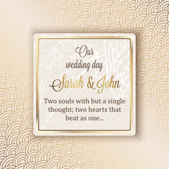 3308665 Intricate baroque luxury wedding invitation card, rich gold decor on beige background with frame and place for text, lacy foliage with shiny gradient.
