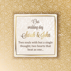3308664 Intricate baroque luxury wedding invitation card, rich gold decor on beige background with frame and place for text, lacy foliage with shiny gradient.