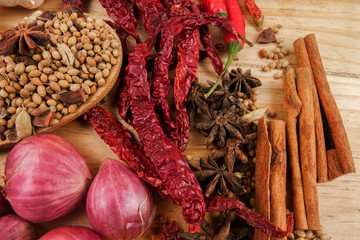 Mixture of beautiful spices and herbs on a wooden table