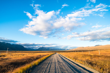 Fototapeta na wymiar Beautiful scene of the road among yellow grassland beside lake tekapo before sunset.