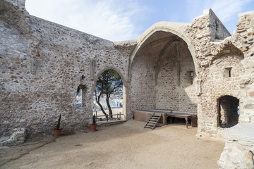 Fototapeta na wymiar Ancient ruins old church Sant Vicens, gothic style in Tossa de Mar, historic center, vila vella, mediterranean village in Costa Brava, province Girona, Catalonia.Spain.