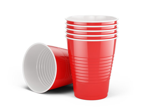 Red disposable cups - plastic cups isolated on white. 3d rendering