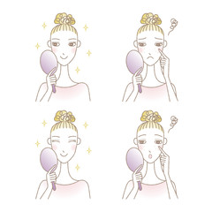 手鏡を持つ女性　肌のトラブル　スキンケア　美容