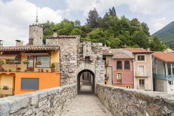  Village view, bridge, Pont Nou and pyrenees mountain in village of Camprodon, ripolles comarca region, province girona, Catalonia.Spain.
