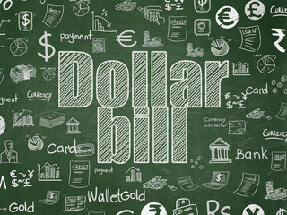 Currency concept: Chalk White text Dollar Bill on School board background with  Hand Drawn Finance Icons, School Board