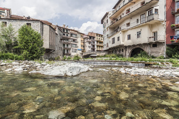 Village view, houses and Ter river in village of Camprodon, ripolles comarca region, province girona, Catalonia.Spain.