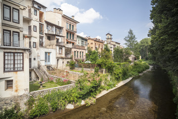 Fototapeta na wymiar Village view, houses and Ter river in village of Camprodon, ripolles comarca region, province girona, Catalonia.Spain.