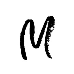 Letter M. Handwritten by dry brush. Rough strokes textured font. Vector illustration. Grunge style elegant alphabet.