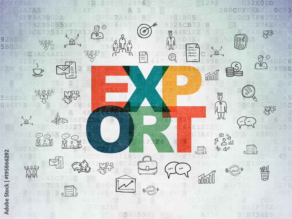 Poster business concept: painted multicolor text export on digital data paper background with hand drawn bu