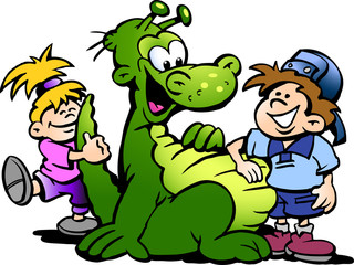 Cartoon Vector illustration of a Dinosaur having fun with Kids