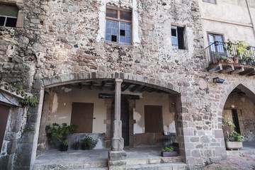 Detail facade house,typical and ancient medieval village in Garrotxa region,Santa Pau,Catalonia,Spain.