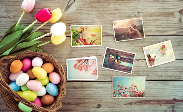 Photo album in remembrance and nostalgia of Happy easter day on wood table  backgroud. Holiday in spring season. vintage and retro style, top view