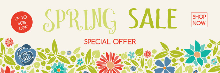 Spring Sale - concept of a banner with hand drawn flowers. Vector.