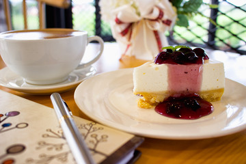 Blueberry Cheese pie with coffee ready for the day.