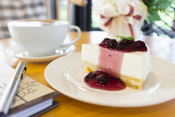 Blueberry Cheese pie with coffee ready for the day.