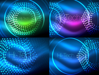 Set of glowing neon techno shapes, abstract background collection. Vector futuristic magic space wallpapers