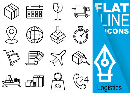 Editable stroke. Simple Set of logistics vector flat line Icons - box, calendar, fragile, car, map pointer, globe, stopwatch, cart, contract, plane, ship, weights, support