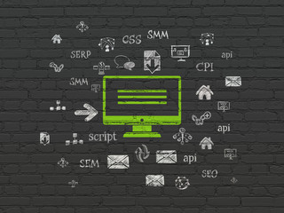 Web development concept: Painted green Monitor icon on Black Brick wall background with  Hand Drawn Site Development Icons
