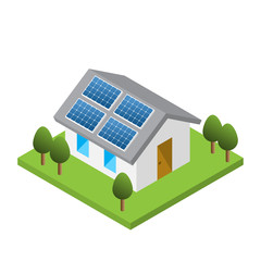 Simple isometric house with solar roof panels, isolated white background