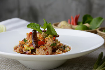 Pork with herbs and egg plant spicy salad (Pla Moo )