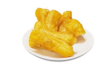 Deep-fried dough stick on white plate isolated white backgroun with clipping path.