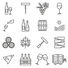Wine outline icon set. Winery elements collection with grapes, wine glass and bottle, corkscrew, barrel. Minimal line design. Vector illustration.