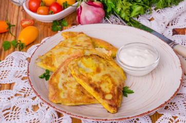 Traditional Russian and Ukrainian pancakes with meat