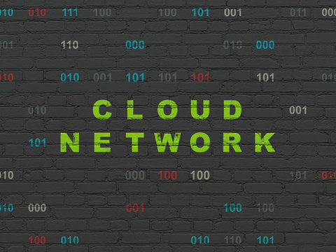 Cloud computing concept: Painted green text Cloud Network on Black Brick wall background with Binary Code