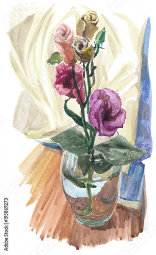 Watercolor Painting Which Depicts Flowers Of Lisianthus In A