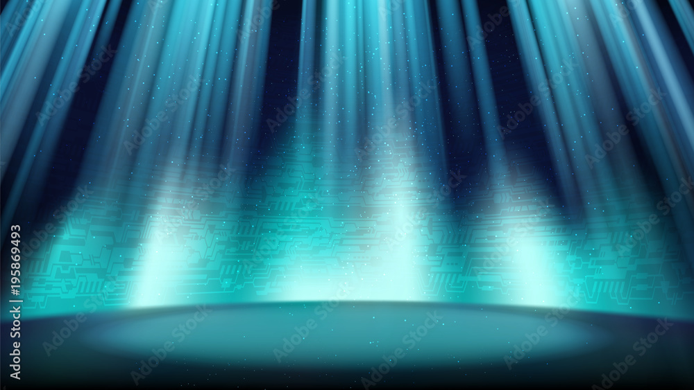 Aufkleber an empty blue scene with a background of a printed circuit board, illuminated by a spotlight