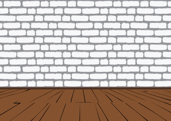 Brick wall of white brick. Wooden floor.