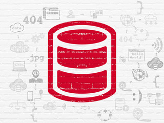 Programming concept: Painted red Database icon on White Brick wall background with Scheme Of Hand Drawn Programming Icons