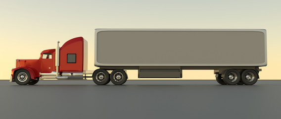 American style red truck. Semi Truck with Cargo Trailer. 3D rendering