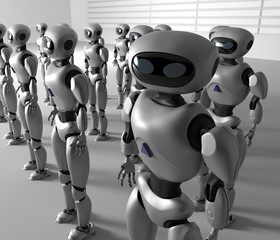 Mass of many robots. A crowd of android cyborg. 3d render