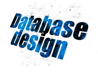Programming concept: Pixelated blue text Database Design on Digital background