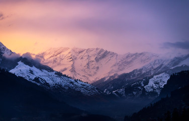 view after sunset of Mountains in manali ,Himachal Pradesh India - obrazy, fototapety, plakaty