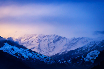 view snow after sunset of Mountains in manali ,Himachal Pradesh India
