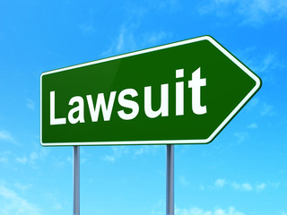 Law concept: Lawsuit on green road highway sign, clear blue sky background, 3D rendering
