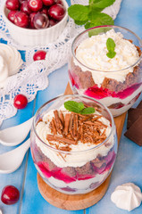 English trifle with chocolate biscuit, whipped cream, cherry and meringue in glass