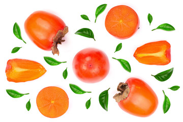 persimmon with leaf isolated on white background. Top view. Flat lay pattern